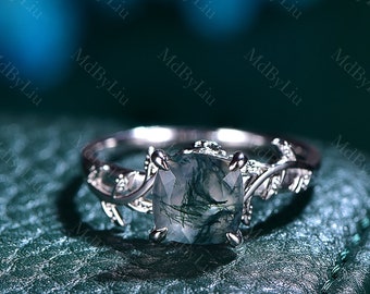 Cushion Shape Green Moss Agate Ring Vintage Nature Inspired Engagement Ring Branch Leaf 14k White Gold Ring Art Bridal Wedding Women Ring