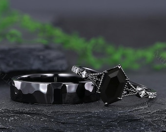 Gothic black onyx couple rings black gold black onyx engagement ring hexagon cut black onyx weeding rings gifts for her promise couple rings