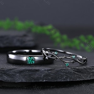 Princess Emerald Leaf Couple Ring Sets, Matching Promise Rings for Couples, His and Hers Wedding Band, Vintage Couple Engagement Rings