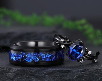 Unique Sapphire couples ring, oval cut Sapphire women's ring, black gold his and her wedding band, leaf branch engagement rings