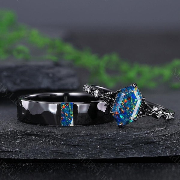 Retro Black Opal Couple Rings, Gothic Black Gold His and Hers Wedding Band, Hexagon Cut Opal Engagement Ring, Anniversary Wedding Rings