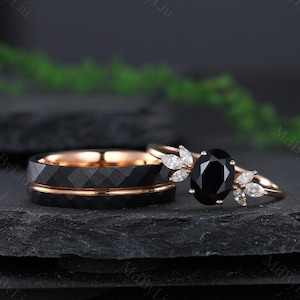 Anello di coppia ovale in onice nero, set di anelli coordinati in oro rosa, fede nuziale in onice nero per lui e per lei, anello impilabile con promessa, regali per anniversario
