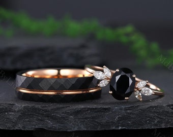 Oval Black Onyx Couples Ring Set Rose Gold Matching Ring Set His and Hers Black Onyx Wedding Band Promise Stacking Ring Anniversary Gifts