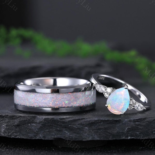 Opal couples ring, pear opal women's ring, sterling silver bridal ring, his and her wedding band, Opal tungsten men's ring custom rings