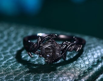 Vintage Black Rutilated Quartz Engagement Ring Set,Black Gold Ring,Hexagon Cut Bridal Ring,Art Deco Black Quartz Matching Band,Promise Gift
