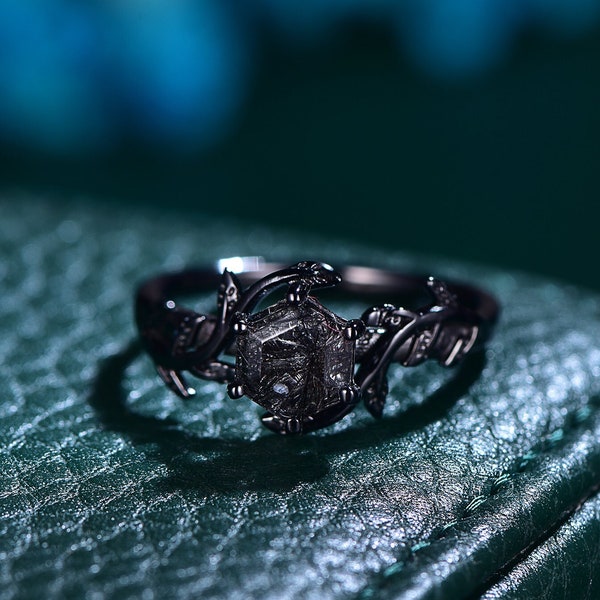Vintage Black Rutilated Quartz Engagement Ring Set,Black Gold Ring,Hexagon Cut Bridal Ring,Art Deco Black Quartz Matching Band,Promise Gift