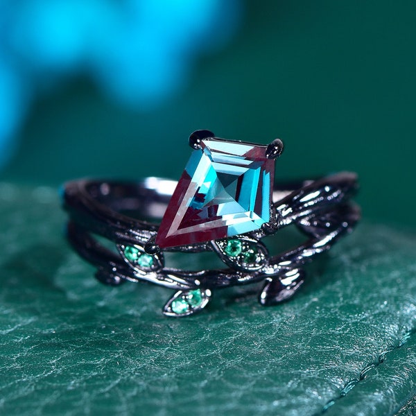 Vintage Kite Alexandrite Engagement Ring Set,Black Gold,Vines Emerald Ring,Women Bridal Set,Unique Twig Anniversary Promise Ring Gift Silver