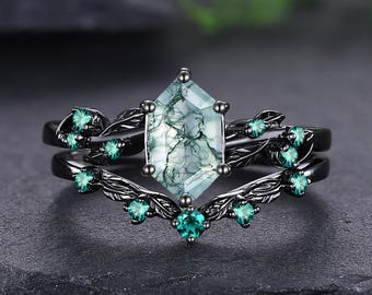 Nature Inspired Leaf Vine Moss Agate Engagement Ring Set Hexagon