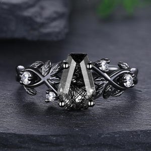 Gothic Coffin Shaped Black Rutilated Quartz Engagement Ring Black Gold Moissanite Wedding Band Leaf Design Women Bridal Promise Rings Gifts