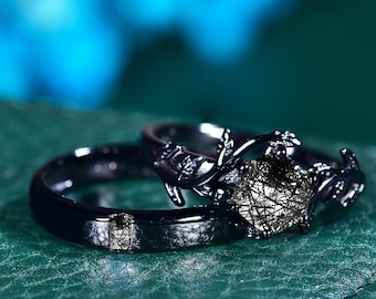 Black Rutilated Quartz Couple Ring Set Hexagon Cut Engagement Rings Matching Promise Ring Natural Rutilated Quartz His and Hers Wedding Ring