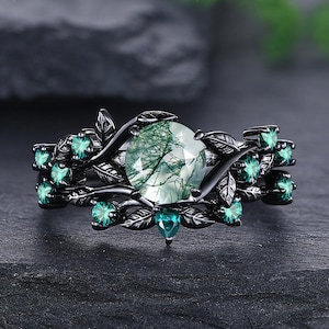 Round Cut Moss Agate Engagement Ring Set 14K Black Gold Women Promise Ring Leaf Nature Inspired Emerald Bridal Set Personalized Gift for Her