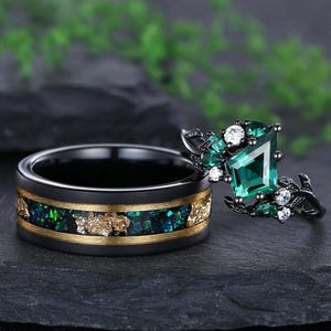 Nature Inspired Leaf Emerald Couple Ring His and Hers Ring Set Green Opal Men Wedding Band Anniversary Gift for Women Gothic Engagement Ring