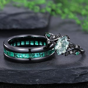 Moss Agate & Emerald Couples Ring Set Black Gold Matching Wedding Bands Gothic Nature-Inspired His and Hers Rings Unique Engagement Ring Set