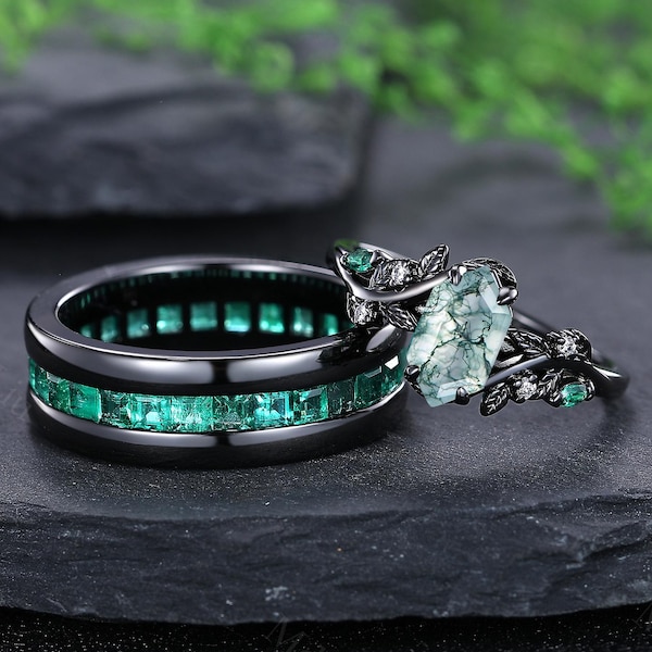 Moss Agate & Emerald Couples Ring Set Black Gold Matching Wedding Bands Gothic Nature-Inspired His and Hers Rings Unique Engagement Ring Set