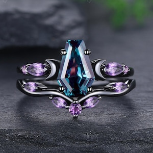 Gothic Coffin Shape Alexandrite Engagement Ring Set Black Gold Crescent Moon Amethyst Wedding Bands Women Bridal Set Personalized Gifts
