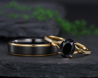 Black Onyx & Tungsten Couple Rings Matching Ring Set His and Hers Wedding Band Oval Bridal Promise Stacking Ring Anniversary Gifts for Women