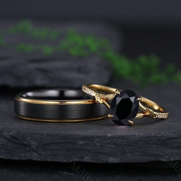 Black Onyx & Tungsten Couple Rings Matching Ring Set His and Hers Wedding Band Oval Bridal Promise Stacking Ring Anniversary Gifts for Women