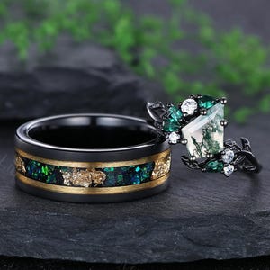 Nature Inspired Leaf Moss Agate Couple Rings His and Hers Ring Set Green Black Gold Emerald Wedding Band Green Opal Mens Ring Gift for Women