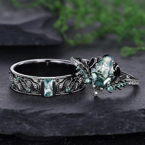 Bague pour couple gothique agate mousse verte Bague de fiançailles alternative cercueil agate mousse verte Alliances émeraude inspirée de la nature Bagues pour lui et lui