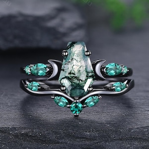 Coffin Shape Moss Agate Engagement Ring Set Black Gold Art Deco Emerald Wedding Band Women Black Bridal Set Personalized Gifts for Her