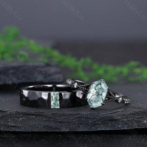 Unique Moss Agate Engagement Bands, Couple Rings with Moss Agate, Hexagon Cut Gemstones Ring, Moissanite Ring, Custom His and Hers Jewelry