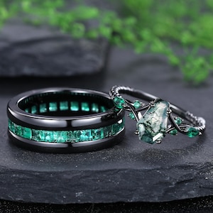 Coffin Moss Agate Engagement Ring Emerald Men's Black Gold Ring Nature Inspired Couples Promise Rings Gothic Wedding Matching Rings Jewelry