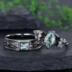 Gothic Moss Agate Couple Rings Nature Inspired Leaf Cluster Wedding Ring Bridal Promise Ring for Her Black Gold Engagement Rings for Women