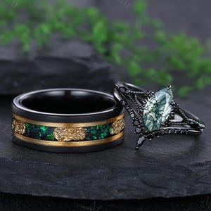 Green Moss Agate Couple Rings His and Hers Matching Ring Set Moss Agate Engagement Ring Set Anniversary Gifts for Women Wedding Promise Ring