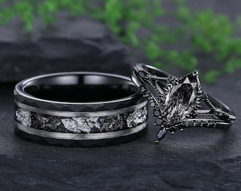 Gothic Black Rutilated Quartz Couple Rings His and Hers Wedding