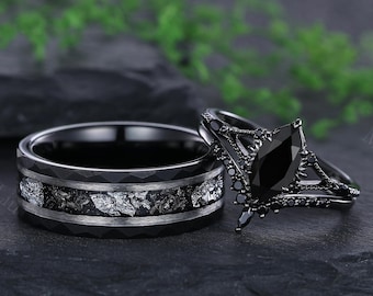 Gothic black onyx couple rings his and hers wedding bands onyx engagement rings for couples commitment rings for her custom wedding ring