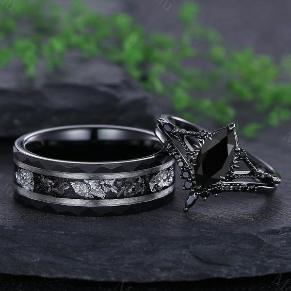 Gothic black onyx couple rings his and hers wedding bands onyx engagement rings for couples commitment rings for her custom wedding ring
