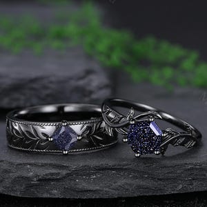 Gothic Black Gold Blue Sandstone Wedding Ring Set Witchy Starry Night Jewelry Vintage Leaf Band Celestial Engagement Ring Statement Rings
