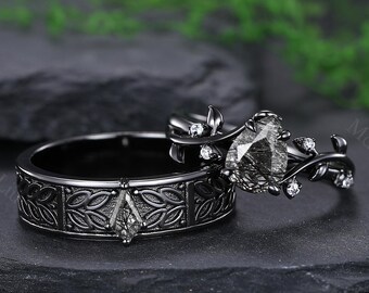Gothic Black Rutilated Quartz Engagement Ring Set Vintage Leaf