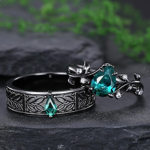 Vintage Emerald Couple Rings Rose Gold Nature-Inspired Moissanite Engagement Ring Leaf Vine Bridal Wedding Band Gift For Women Promise Ring