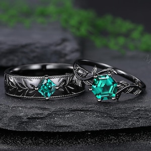 Ensemble de bagues de couple gothiques en or noir et émeraude inspirée de la nature pour couple, bagues de promesse de mariée art déco, bague de fiançailles en feuille, cadeau pour elle
