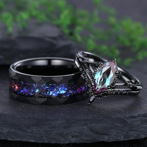 Anillos de pareja de alejandrita en oro negro gótico, alianzas de boda para él y para ella, anillos de compromiso para parejas, anillos de promesa para ella, anillo de boda personalizado.