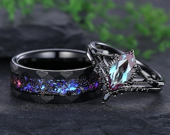 Gothic Black Gold Alexandrite Couple Rings His and Hers Wedding