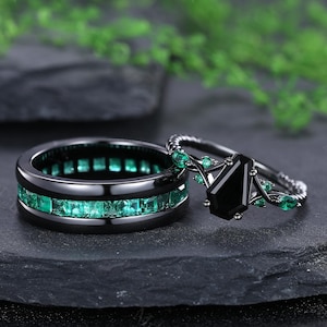 Ensemble de bague de fiançailles cercueil en or noir et onyx noir, bague pour couple émeraude, alliance unique, bague de promesse assortie, bijoux faits main pour elle