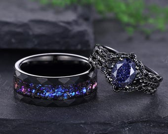 Juego de 3 anillos de pareja de arenisca azul con diseño de nebulosa y galaxia, alianzas de boda a juego, estilo gótico, para él y para ella, juego de anillos de compromiso de meteorito.