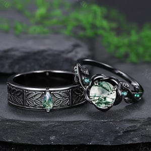 Ensemble de bagues de mariage en agate mousse rose unique en or noir pour lui et pour elle, bague de fiançailles inspirée de la nature, cadeaux d'anniversaire pour femme