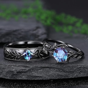 Anillos de pareja de alejandrita gótica Anillos llamativos de oro negro Anillos de hojas para hombres y mujeres Anillo de compromiso de alejandrita Anillo de promesa de pareja