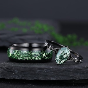 Unique Emerald & Moss Agate Couples Ring Set Black Gold Hexagon Green Agate Matching Ring Set His and Hers Wedding Band Anniversary Gifts
