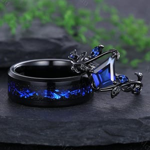 Sapphire Couples Ring Nature Inspired Leaf Sapphire Engagement Ring His and Her Ring Set Anniversary Ring for Women Blue Tungsten Men&#39;s Ring