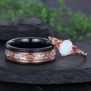 Oval White Opal Couples Ring Set His and Hers Matching Wedding Band Unique Opal Tungsten Wedding Band Engagement Rings for Couples Gifts