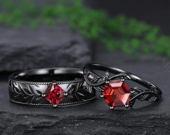 Gothic Black Gold Garnet Couple Ring Set Statement Ring Leaf Rings for Couple Art Deco Garnet Ring Red Gemstone Engagement Ring Gift for Her