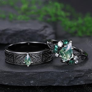 Moss Agate Couple Rings Set Nature-Inspired Wedding Band Green Moss Agate Engagement Ring Black Ring for Him Anniversary Gifts for Women