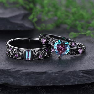 Kvistblad Alexandrit Parring Set Hjärtring Gotisk Svart Guld Vigselring Set Naturring Ametist Brudlöfter Ringar För Kvinnor Gåva