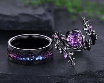ゴシックアメジストブラック結婚指輪 自然にインスパイアされた