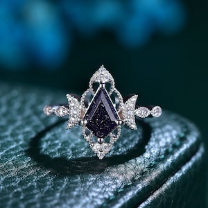 Dainty Kite Cut Blue Sandstone Engagement Ring White Gold Art Deco Crescent Moon Star Ring Cluster Moissanite Moon Ring Vintage Promise Ring