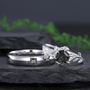 Natural Black Rutilated Quartz Couples Ring Set, His and Hers Wedding Band, Unique Promise Ring for Women, Gothic Black Quartz Couple Rings